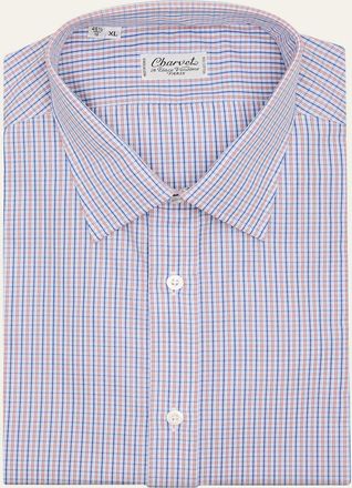 Charvet Mens Cotton Micro-Check Point Collar Slim Dress Shirt