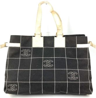 Chanel Black White Canvas Handbag Shoulder Bag Tote Bag (Pre-Owned)
