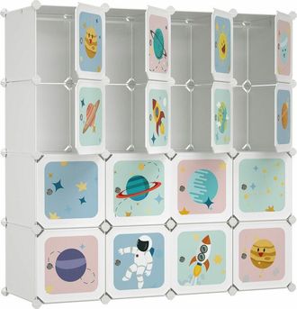Songmics Armadio Modulare per Bambini, Guardaroba in Plastica, Organizzatore a 16 Scomparti, 4 Barre di Sospensione, 123 x 41 x 123 cm, Bianco