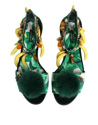 Dolce & Gabbana Womens Green Mink Fur Satin Banana Leaf Sandals Shoes Silk Hay