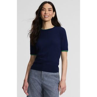 Lands End Double Trim Cotton Crew Neck Tee Sweater in Deep Sea Navy/clover at Nordstrom, Size X-Large