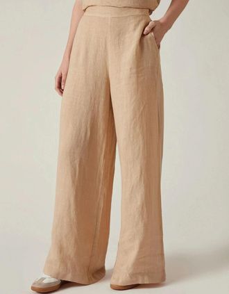 James Lakeland Womens Sand Linen Wide-Leg Trousers - Tan - Size: 16