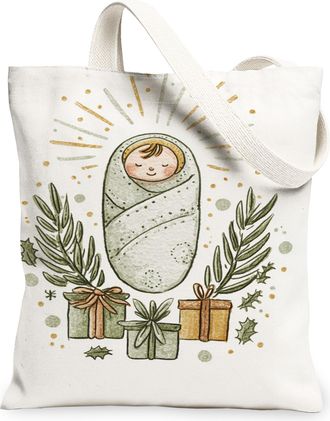 Generic Christmas Gifts Canvas Tote Bags, Holiday Vintage Rustic Design Reusable Grocery Bags, Lightweight Washable Shoulder Strap, White, 13x15 Inch