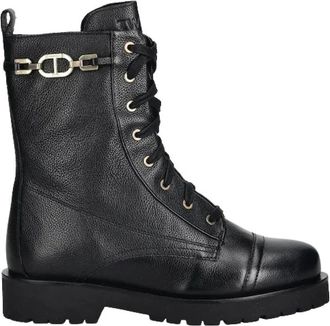 Twinset Leren Combat Boots met Ketting en Ovale T - Dames - Veterlaarzen - Zwart - 36 EU - Leer - Schoenen
