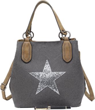 Generic Canvas Tote Bag with Sequin Star, Womens Shoulder Crossbody Handbag, PU Leather Trim, 24x24x16cm (Dark Grey)