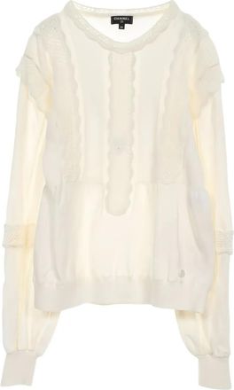 Chanel lace-panelled sweater knitwear - women - Cotton - 34 - White