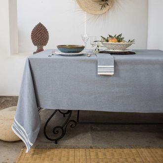 Febronie Mantel + 8 servilletas algod&oacute;n 180x300 azul vaquero