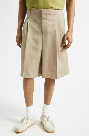 Ami Pleated Pinstripe Wide Leg Wool Gabardine Bermuda Shorts in Beige Taupe/Blanc Creme at Nordstrom, Size 44