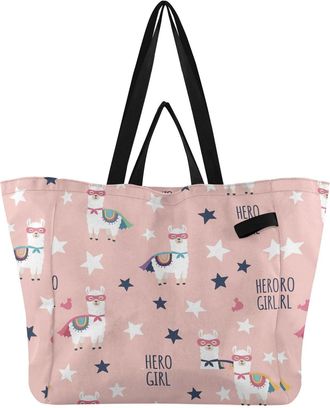 Generic Llama Stars Pink print Reusable Canvas Tote Bag, Heavy Duty Grocery Shopping Bag with Large Capacity Hard Bottom Double Handles Work Groceries Travel