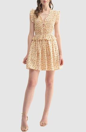 All in Favor Floral Smocked Cotton Fit & Flare Minidress in Cream Orange at Nordstrom Rack, Size Medium