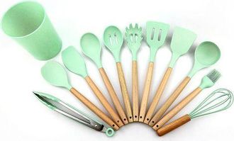 No Brand Utensilios De Cocina - Verde - Juego De 11 Piezas - Material De Silicona - Mango De Madera - Con Caja De Almacenamiento