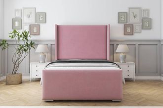 Sloomy Devonshire Plush Frame-Mattress-50 Upholstered Wingback Headboard in Pink | Size: Double