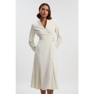 Karen Millen Crepe Buckle Waist Midi Shirt Dress in Ivory at Nordstrom, Size 10
