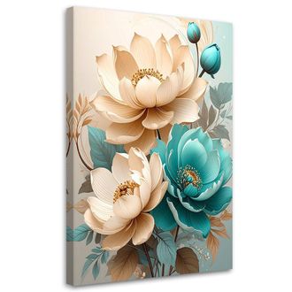 Feeby Cuadro En Lienzo Flores Crema Y Turquesa En Una Composici&oacute;n Decorativa 80x120