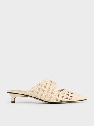 Charles & Keith Raffia Kitten-Heel Pointed-Toe Mules