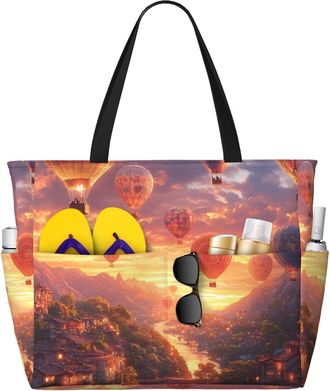 Generic Hot Air Balloon Print Large Beach Bag Foldable Travel Shoulder Tote Bag With Pocket For Weekender Pool Vacation