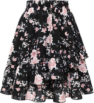 Generic Womens Elastic Waist Flared Short Skirt, Ladies Floral Print Pleated Mini Skater Skirt Ruffle Hem Flowy A Line Short Skort BK2 XL