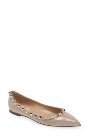 Valentino Garavani Rockstud Pointed Toe Ballerina Flat in P45 Poudre/Poudre at Nordstrom, Size 11.5Us