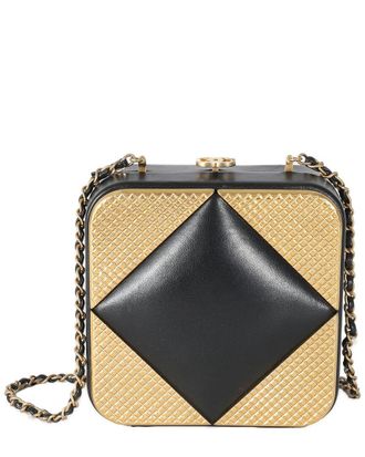 Chanel Black & Gold Leather Gold Metal Square Cc Clutch (Authentic Pre-Loved)