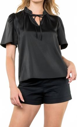 THML Clothing Faux Leather Tie Neck Top In Black