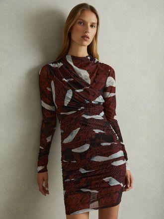 Reiss Womens Burgundy & White Iron Printed Ruched Mini Dress, Size: 8