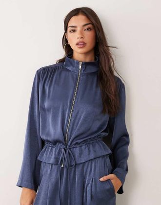 Asos giacca in raso con zip blu indigo co-ord-blu navy
