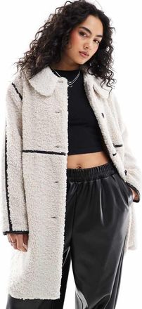 Only shearling coat with contrast trim in cream-White