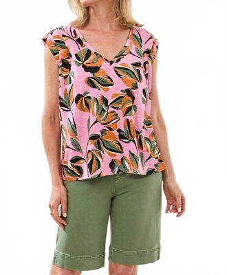 Tribal V-Neck Cap Sleeve Top In Pink Multi