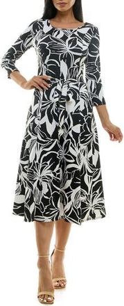 Nina Leonard Crewneck Three-Quarter Sleeve Midi Dress in Black White at Nordstrom Rack, Size Medium
