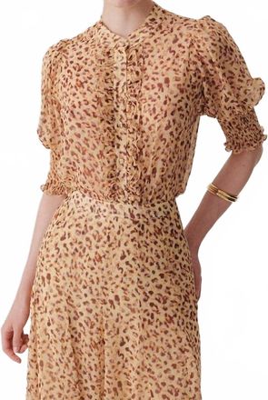 Exquise Esther Short Sleeves Patterned Chiffon Shirt With Ruffle Piping Detail In Multi Color