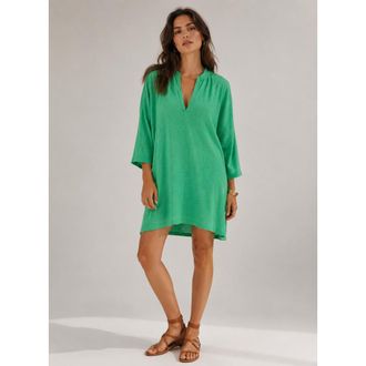 Majestic Filatures Stretch Linen 3/4 Sleeve Tunic Dress in Apple Green at Nordstrom, Size 1