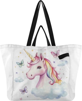 Generic Unicorn Butterfly Stars White pattern Reusable Canvas Tote Bag, Heavy Duty Grocery Shopping Bag with Hard Bottom Double Handles Large Capacity Work Gr