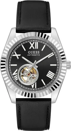 Guess Open Heart Automatic Leather Strap Watch, 42mm in Black/silver at Nordstrom