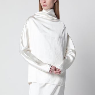 Toteme White draped blouse in viscose-linen with waterfall neck