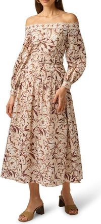 Adrianna Papell Floral Metallic Fleck Off the Shoulder Belted Cotton Dress in Ecru/chocolate at Nordstrom, Size 12