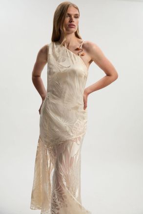 Karen Millen Womens Devoure One Shoulder Woven Maxi Dress With Trim Detail - Champagne Viscose - Size 10 UK