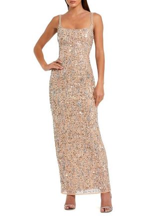 Mac Duggal Sequin Embellished Square Neck Sleeveless Column Gown in Nude Silver at Nordstrom, Size 10