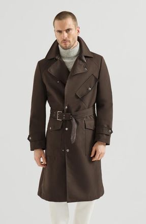Brunello Cucinelli Water-resistant microfiber motorcyle trench with nappa leather inserts in Brown at Nordstrom, Size 52 It