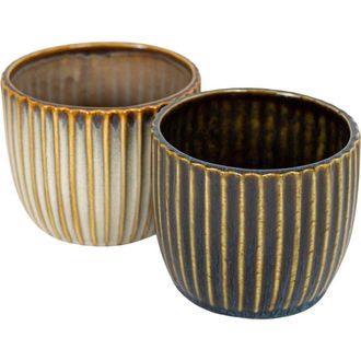 Foreside Home And Garden Set of 2 Ribbed Planters Navy & Cream Porcelain in Beige at Nordstrom