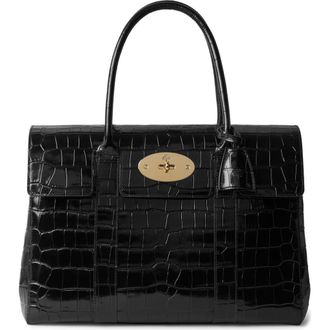 Mulberry Small Bayswater Shiny Croc Embossed Leather Satchel in Black at Nordstrom