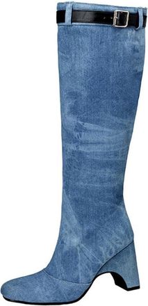 Generic Womens Tie-Dye Knee-High Boots Square Toe Wedge Heels Adjustable Belt Strap Comfortable Non-Slip Wear-Resistant for Street Style Date Casual Shopping,