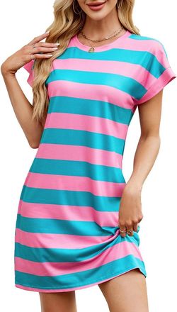 Generic Ladies Summer Dresses Striped Printed Short Sleeve Tunic Dress Girls Womens Summer Dresses Crew Neck Mini Sundress Loose Casual T Shirt Dress for Wome