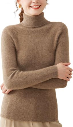 Dissa Women Cashmere Jumper Brown Roll Neck Sweater Long Sleeve Slim Cashmere Wool Thin Jumper Solid Color Ladies Sweater,10,SH314