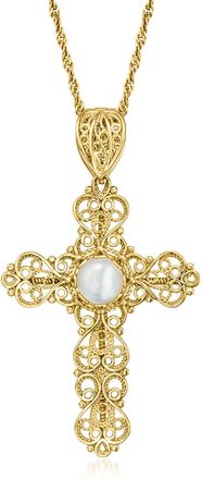 Ross-Simons Mother-Of-Pearl Filigree Cross Pendant Necklace in 18kt Gold Over Sterling
