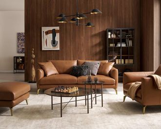 Castlery Lena Leather Sofa, Cocoa American Top Grain Leather, Brass Leg