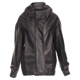 Marni black lamb leather gathered collar zip up oversized jacket IT42 M
