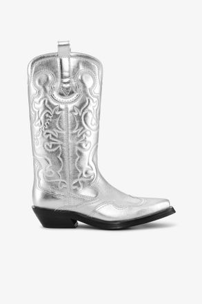 Ganni Silver Mid Shaft Embroidered Western Boots - Size 6