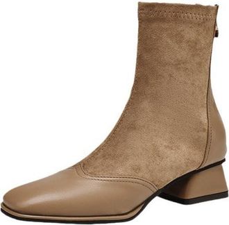 Generic Womens Square Toe Ankle Boots Suede Like And PU Leather Contrast Low Chunky Heel Side Zipper Non Slip Wear Resistant Sole Comfortable Stylish For Dail