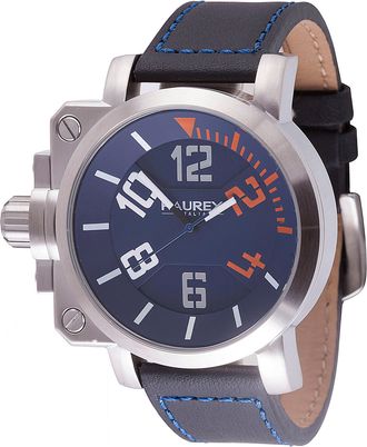 Haurex Italy:Gun Watch, Steel Case, Blue/Orange Dial, Black with Blue Leather Strap