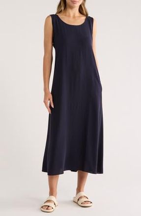 Eileen Fisher Scoop Neck Silk Georgette Midi Dress in Ink at Nordstrom Rack, Size Large